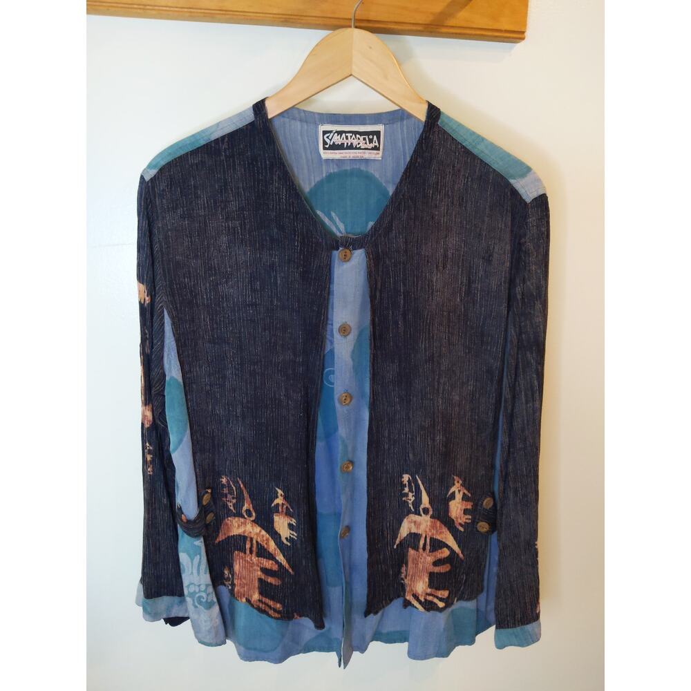 SIMATADELA Simone Vary Lioni Art to Wear Top Turtle Print Lagenlook Blue M/L